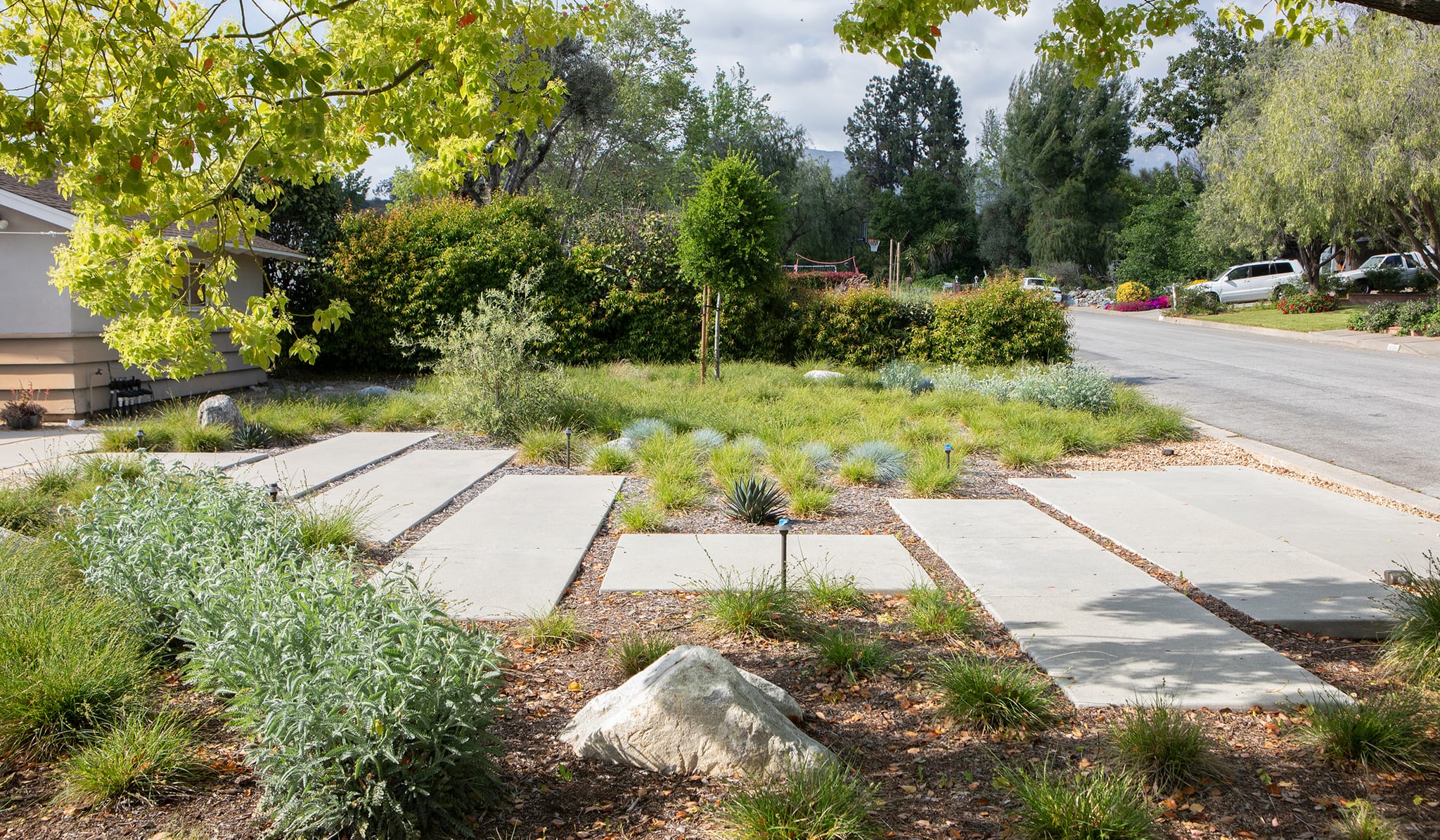 Hillside hardscape and water-wise plantings in Southern California